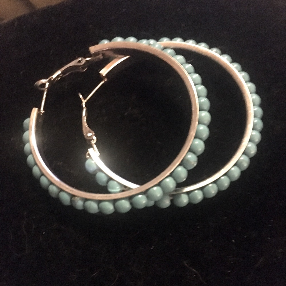 Elegant Silver tone and Faux Turquoise Blue Beaded Hoop Boho Earrings